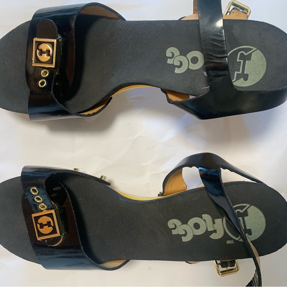 Frogg Patent Leather Black and Gold Clogs